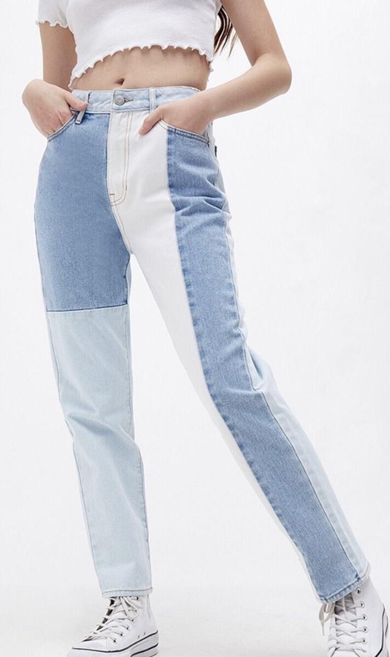 Pacsun Blue Cream Two Tone Color block Patch Work Denim Mom Jeans Size 22
